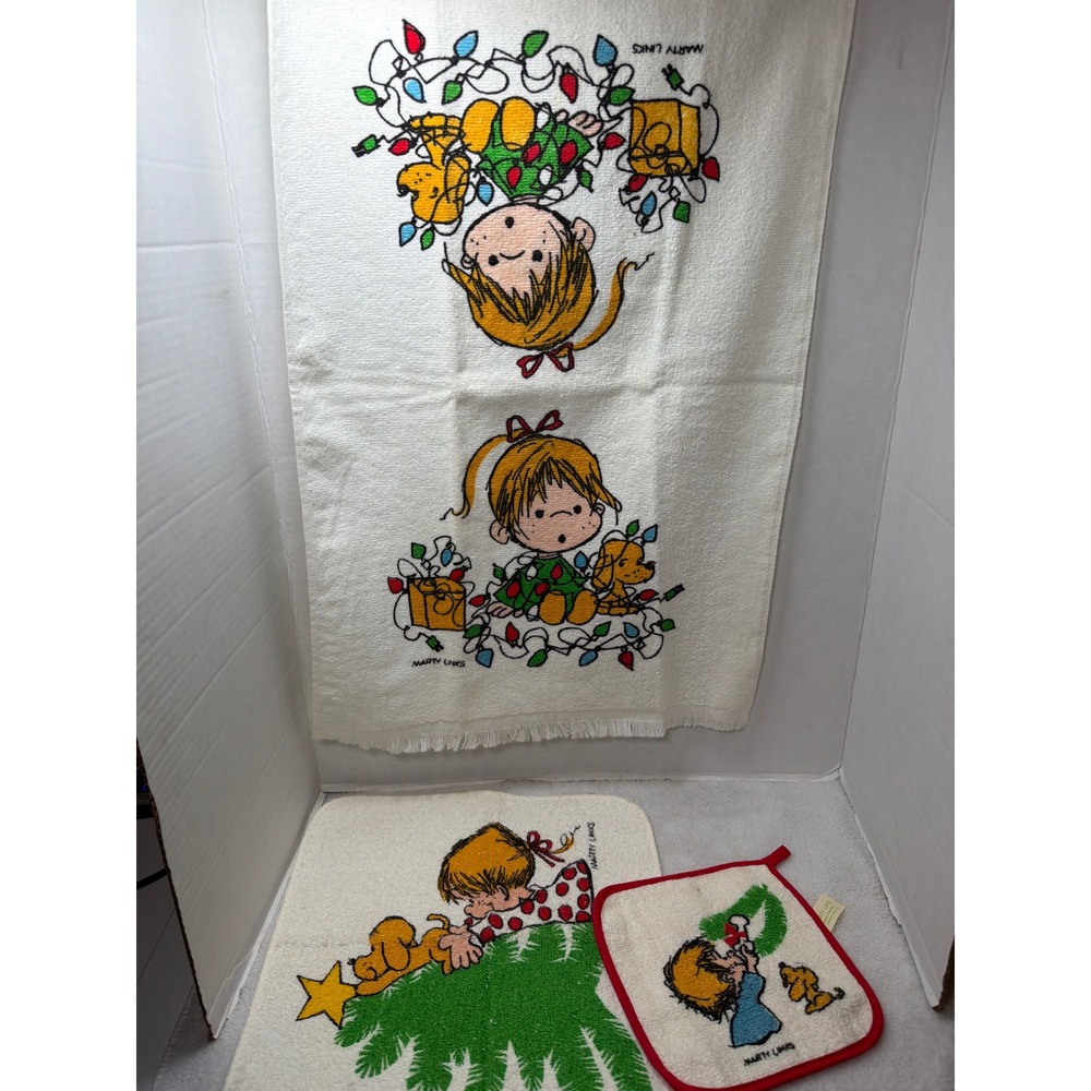 Vintage 80s Hallmark Marty Links Christmas Towel Set White Holiday Kitchen 3pc